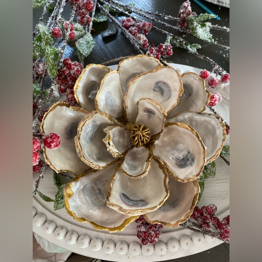 Handcrafted oyster shell, magnolias